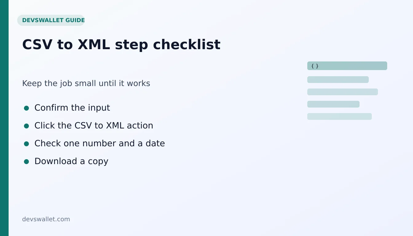 CSV to XML step-by-step checklist for csv to xml