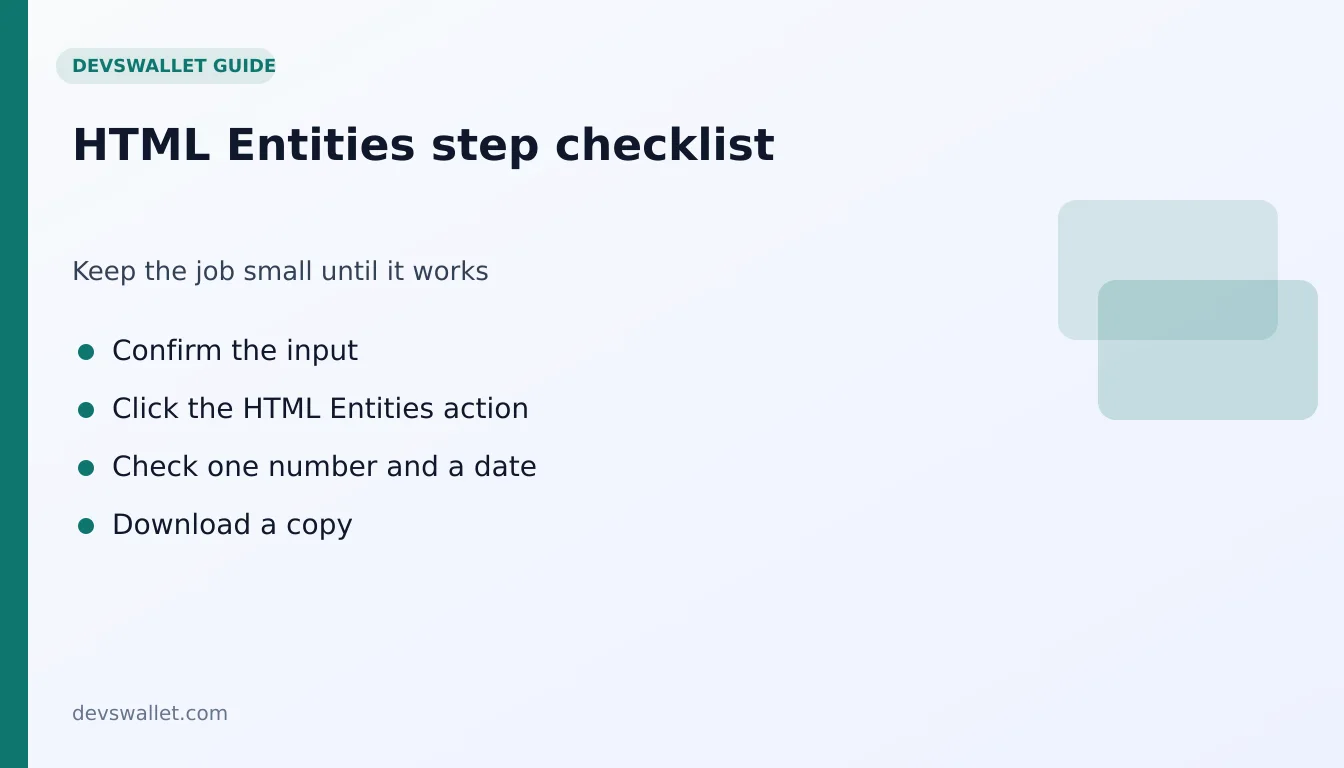 HTML Entities step-by-step checklist for html entities