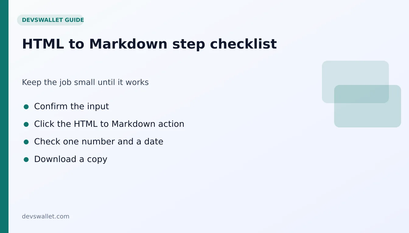 HTML to Markdown step-by-step checklist for html to markdown
