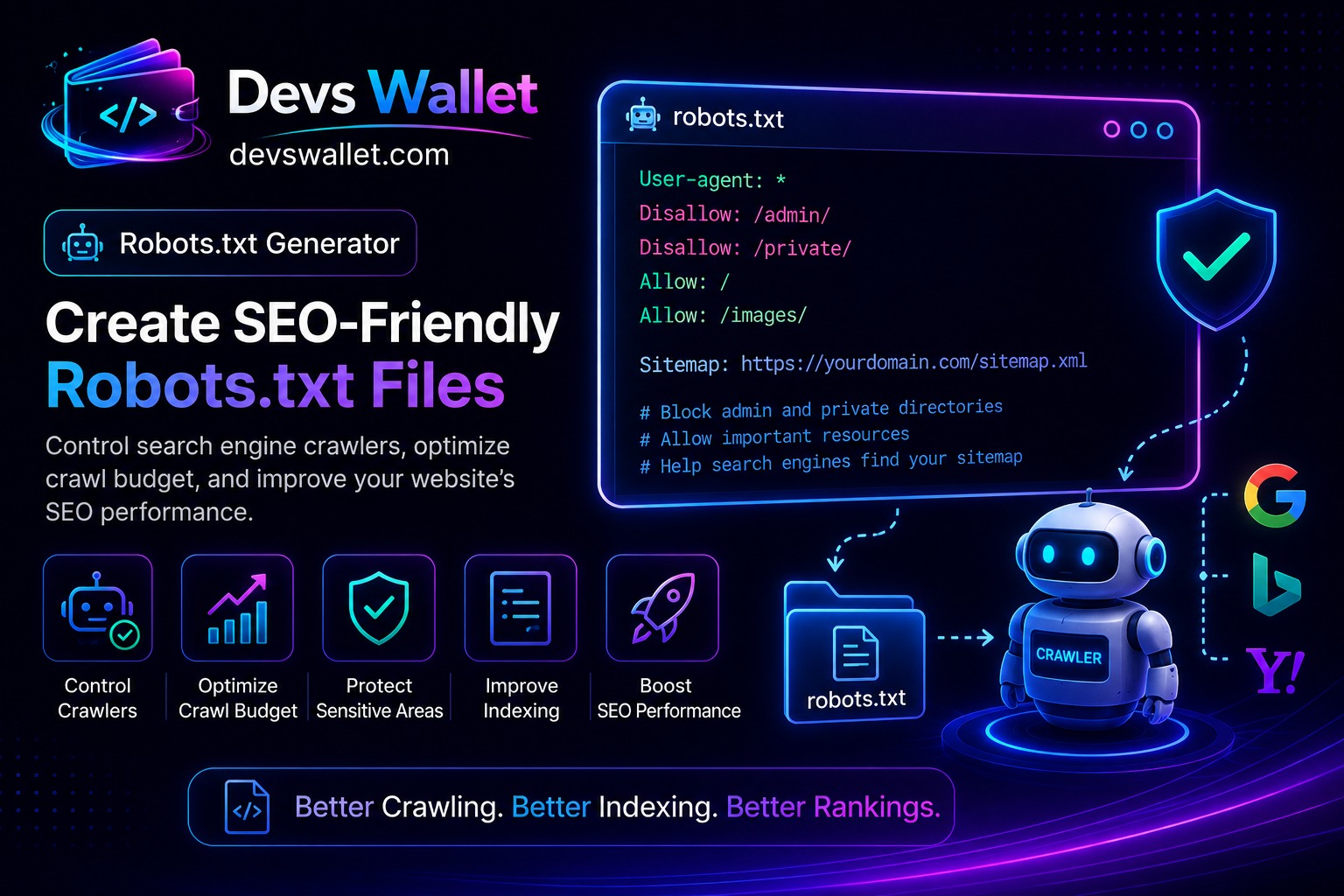 Robots.txt Generator tool showing crawler rules, SEO directives, and search engine access management