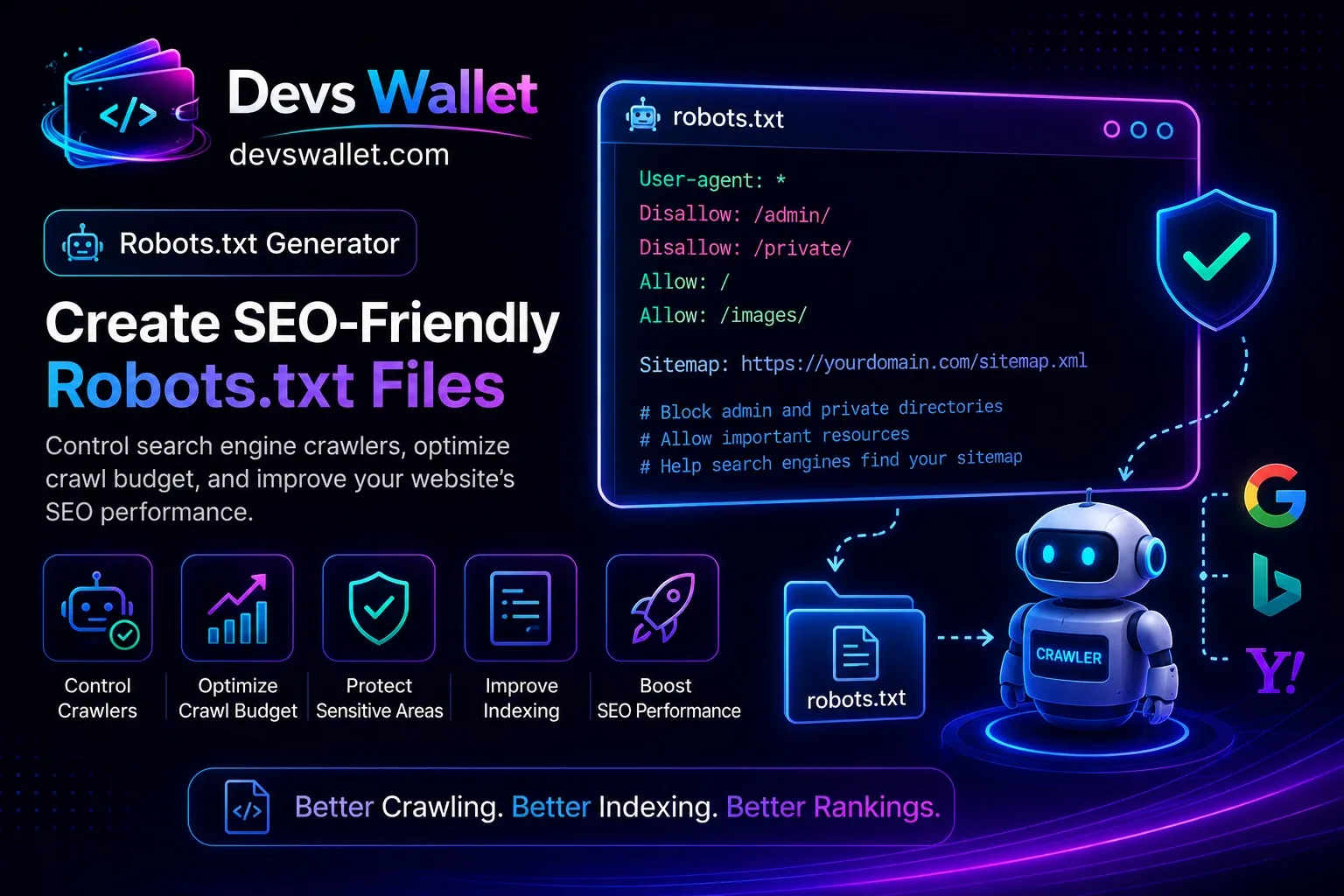 Robots.txt Generator tool showing crawler rules, SEO directives, and search engine access management