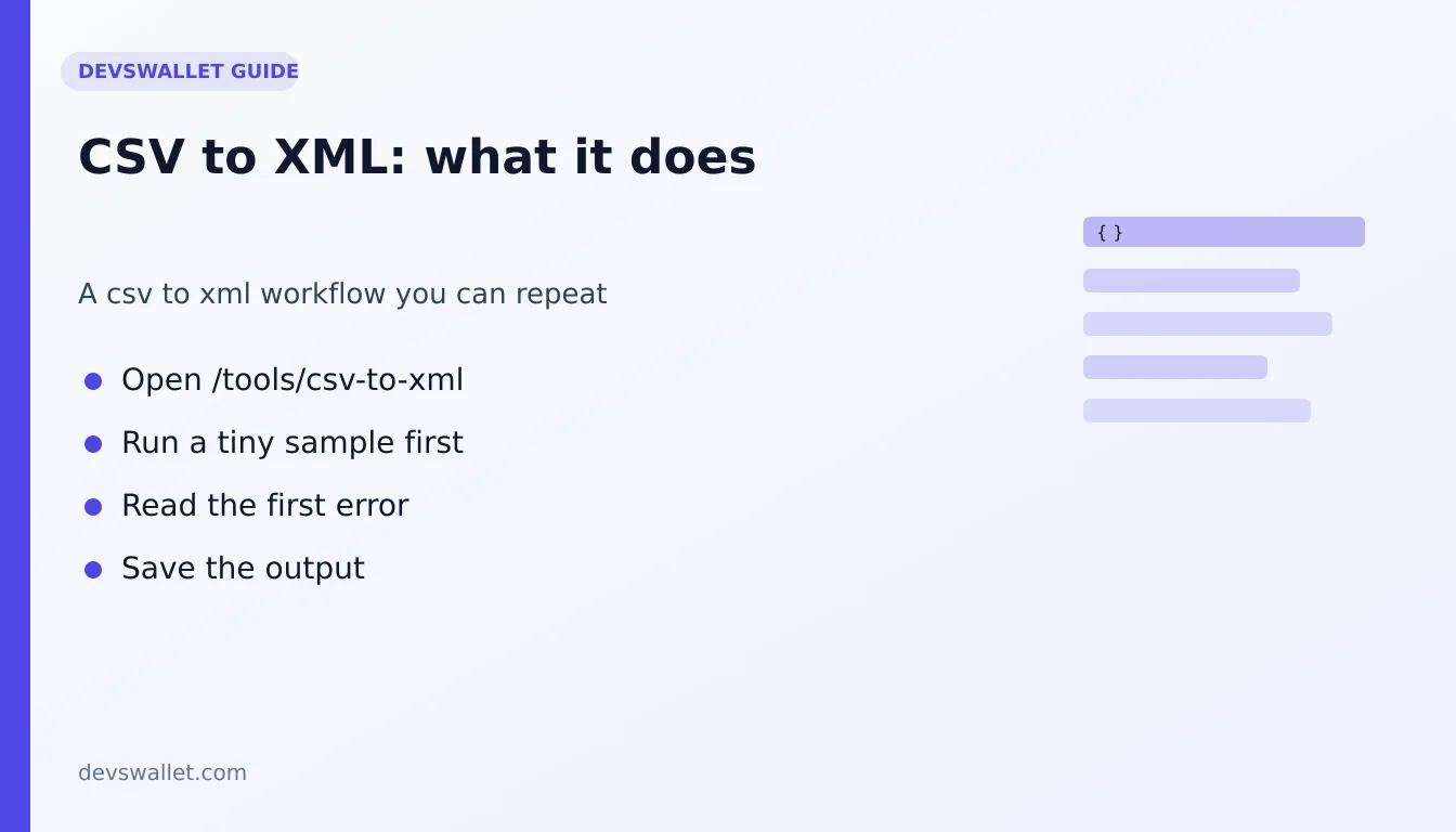 CSV to XML workflow diagram for csv to xml