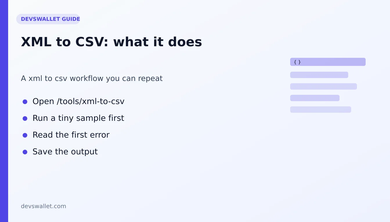 XML to CSV workflow diagram for xml to csv