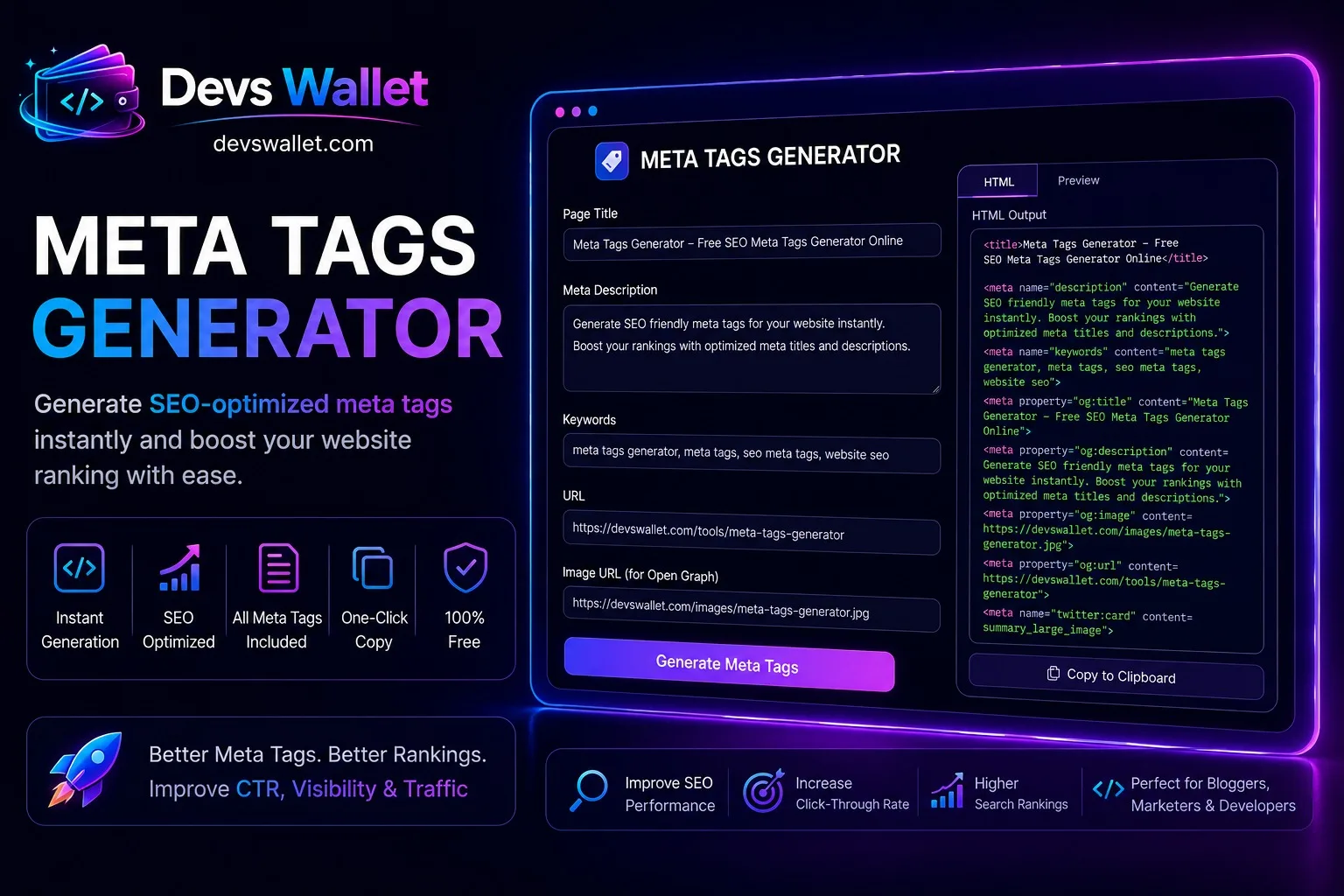 Meta Tags Generator tool for creating SEO friendly HTML meta tags, Open Graph tags, Twitter Cards,