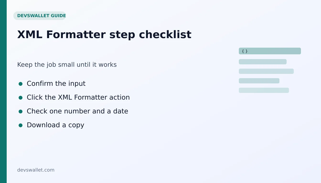 XML Formatter step-by-step checklist for xml formatter