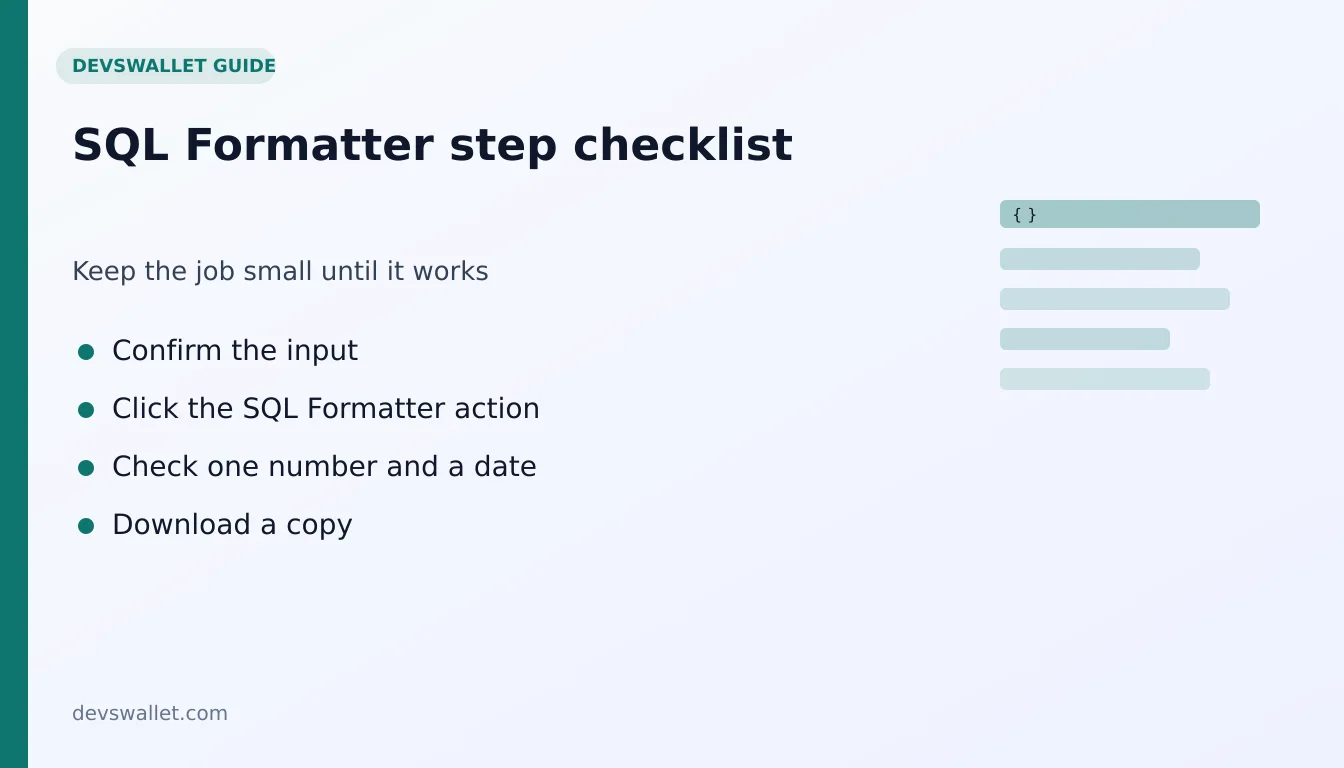 SQL Formatter step-by-step checklist for sql formatter