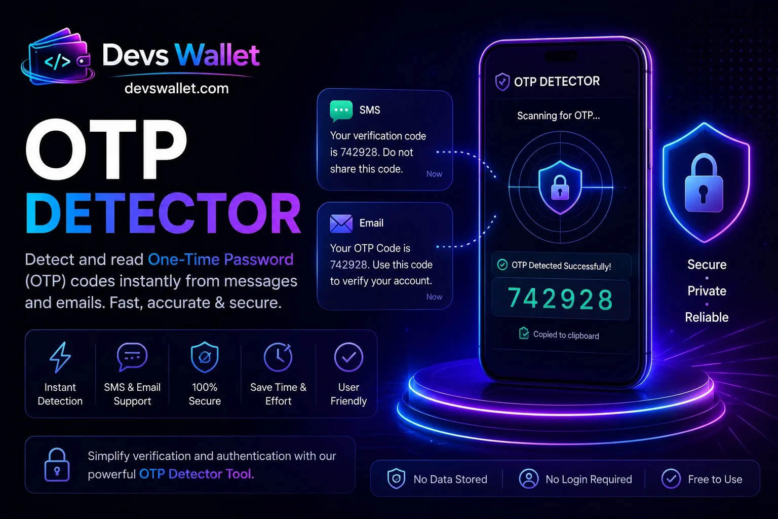 OTP Detector tool for reading and detecting one time password codes securely for account