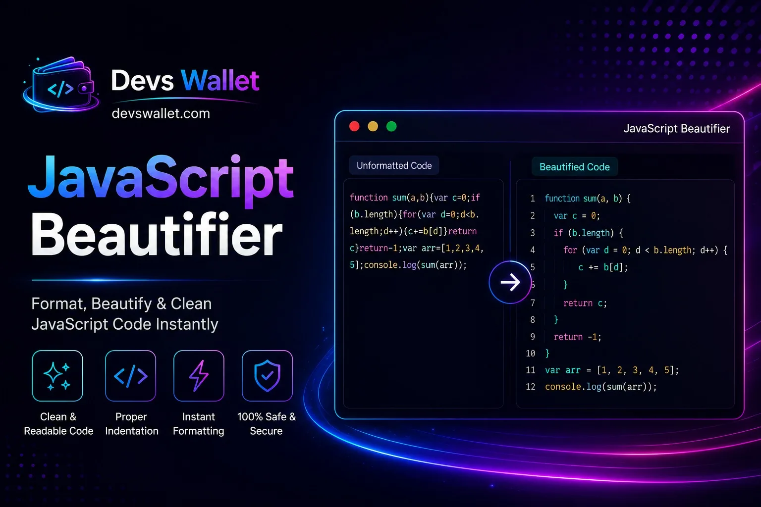 JavaScript Beautifier tool formatting messy JavaScript code into clean readable syntax
