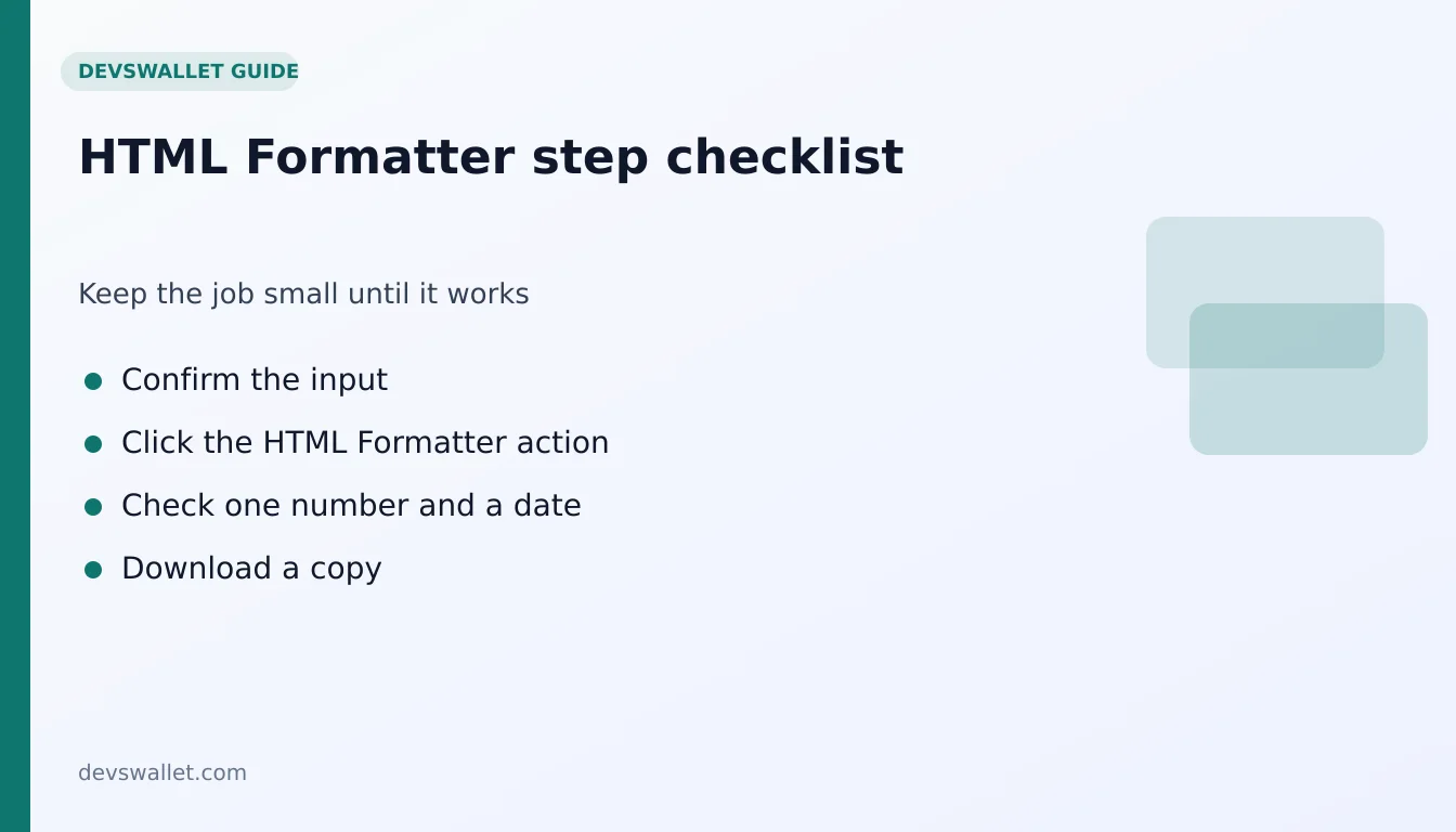 HTML Formatter step-by-step checklist for html formatter