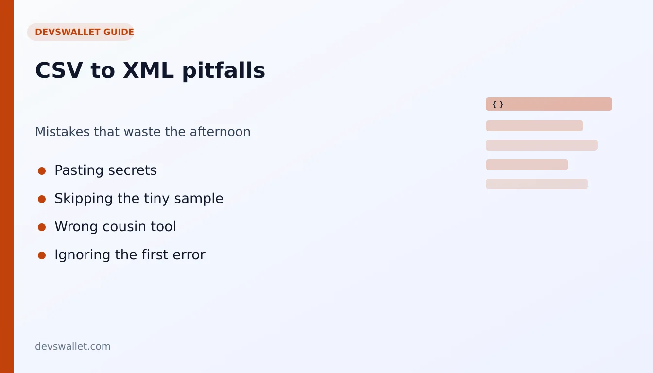 CSV to XML common mistakes illustration for csv to xml