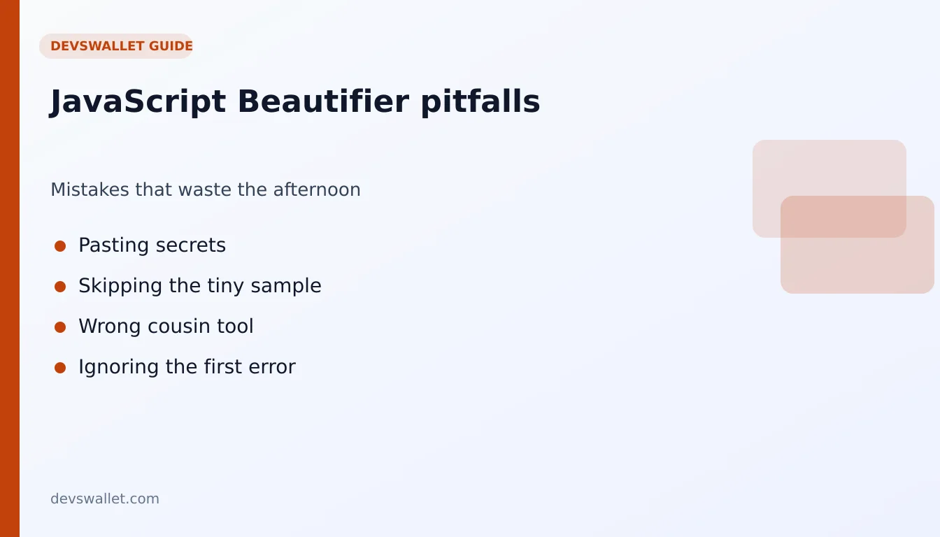 JavaScript Beautifier common mistakes illustration for javascript beautifier
